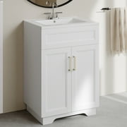 OLD CAPTAIN Bathroom Vanity with Ceramic Sink, Wooden Double Door Bathroom Storage Vanity with 24 Inch, White