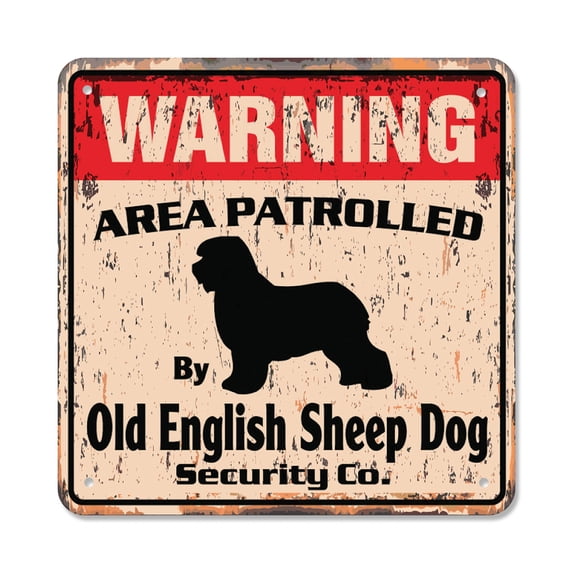 OLD ENGLISH SHEEPDOG Vintage Security Sign Pet dog guard warning owner lover groomer gift Rigid Plastic | Indoor/Outdoor | 17" Wide