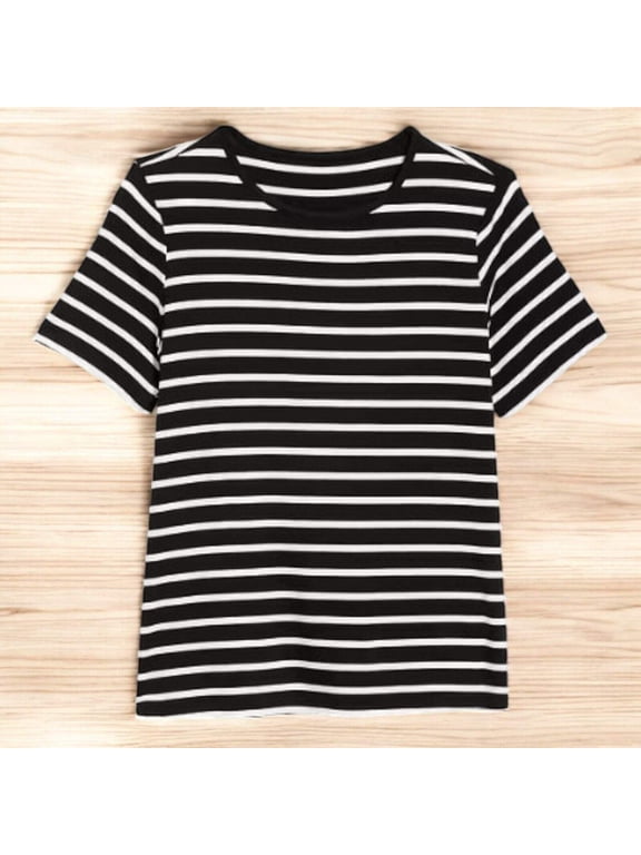 OLD NAVY LUXE PULLOVER T~SHIRT TOP - STRIPED SHORT SLEEVE CREW NECK BLACK/WHITE