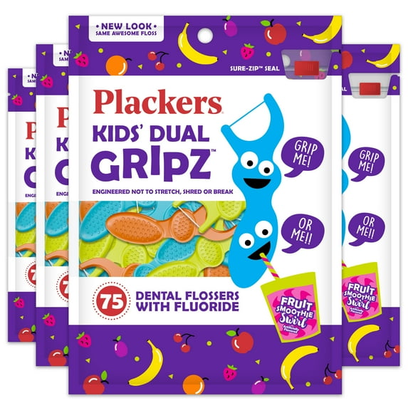 OLD Plackers Kids Dental Floss Picks, Fruit Smoothie Swirl with Fluoride & Dual Grip, 75 Count (Pack of 4)