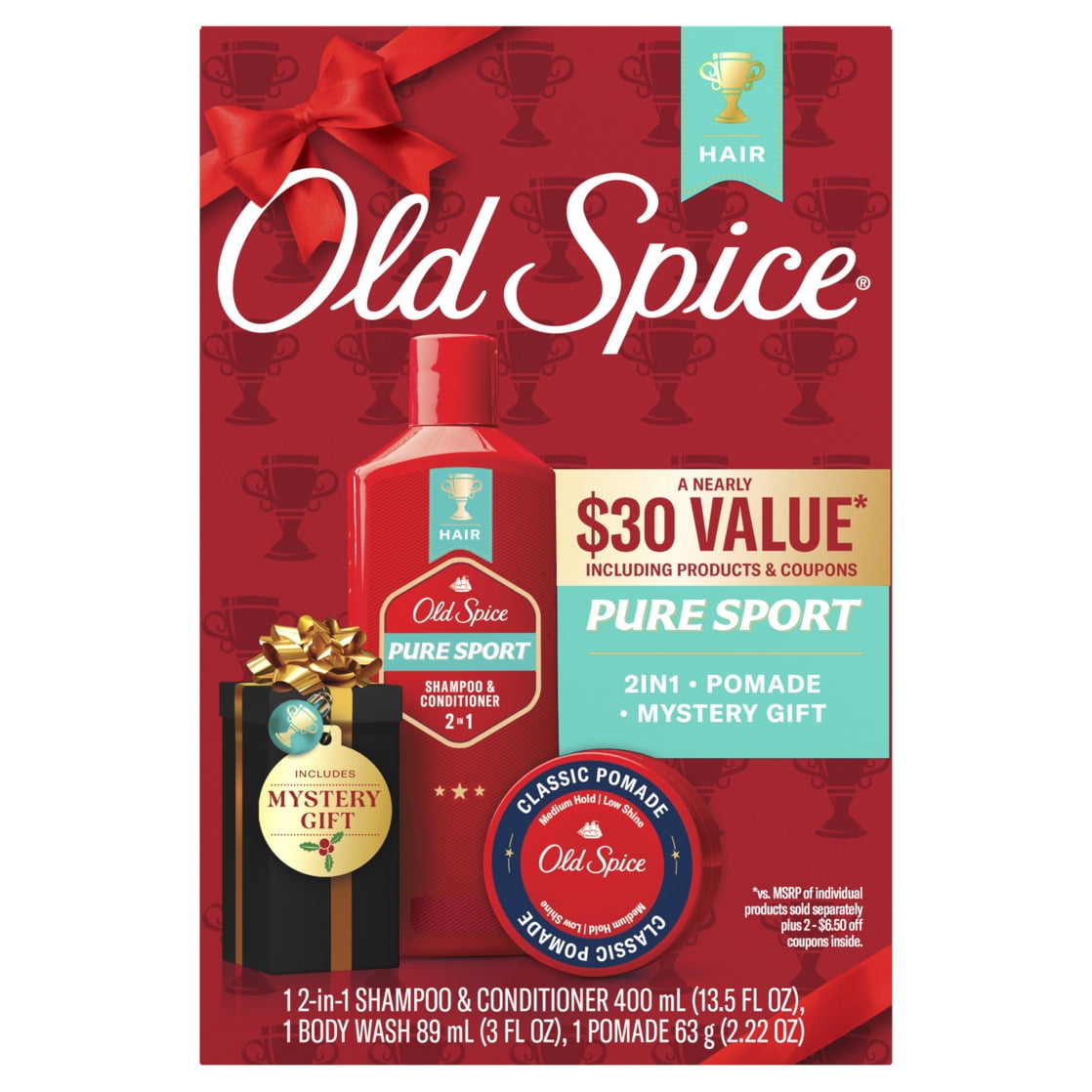 Walmart Coupons of Old Spice Holiday Pack with Pure Sport 2in1 Shampoo and Conditioner, Pomade Styler, & Mystery Gift