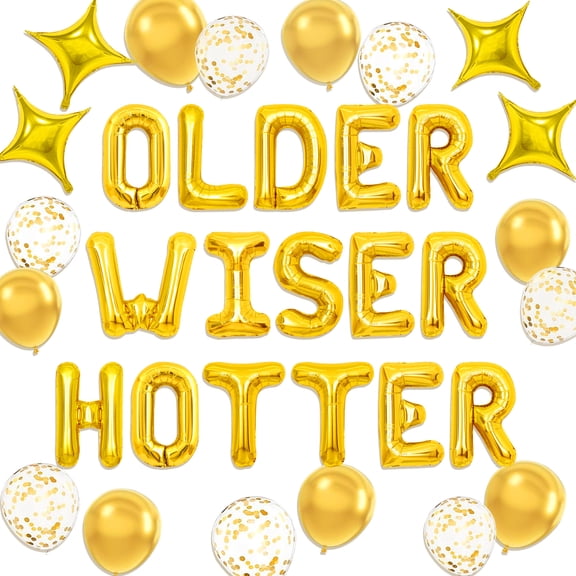 OLDER WISER HOTTER Gold Balloon Decorations - Elegant Mature Celebration Kit for Milestone Birthdays & Anniversaries