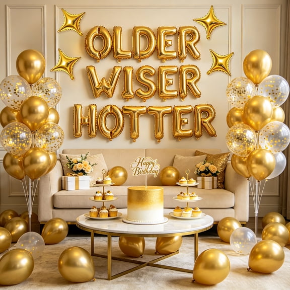 OLDER WISER HOTTER Gold Balloon Decorations - Elegant Mature Celebration Kit for Milestone Birthdays & Anniversaries