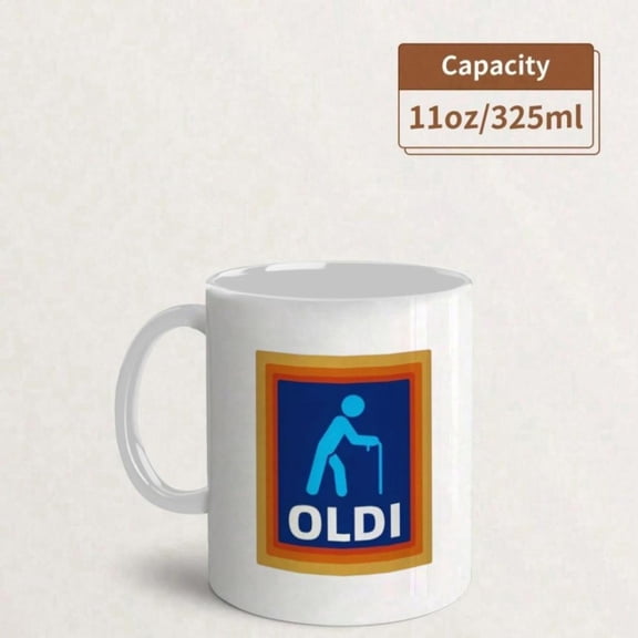 OLDI Self Roast Mug 11oz Blue Orange Design with Walking Stick OLDI Text Spill Proof Boomer Gag Anti Aging Humor Durable Ceramic Beverageware Hot or Cold Drinks Holiday or Birthday Present Coffee Bar