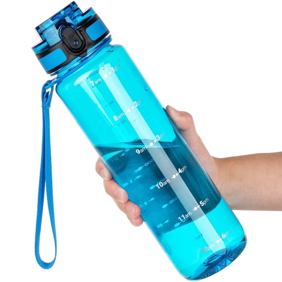 Oldley  32oz Clear Blue Leak-Proof Sports Water Bottle with Time Markings and Carry Strap – BPA-Free Plastic Water Bottle, Ideal for School/Gym/Outdoor Use