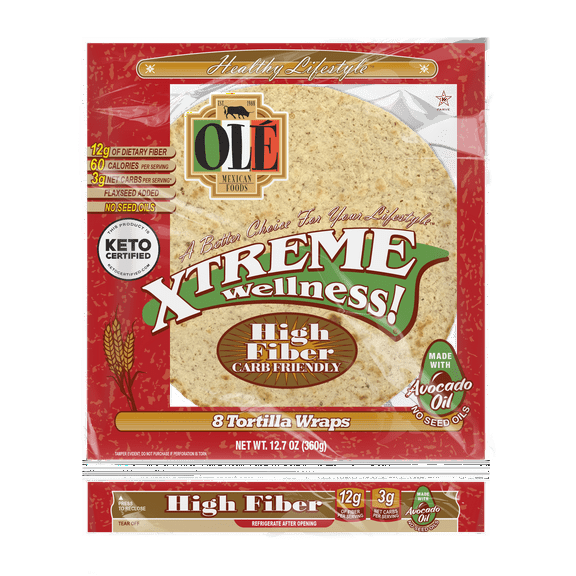 Olé Mexican Foods Xtreme Wellness High Fiber Keto Certified Flour Tortilla Wraps, 12.7 oz, 8 Count