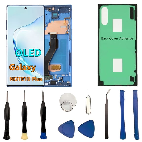 OLED Galaxy NOTE10 Plus LCD Screen Replacement for Samsung Galaxy NOTE10 Plus 5G Display Touch Screen Digitizer N975U N975U1 Support Fingerprint S-Pen. (with Blue Frame+Back Cover Adhesive+Tools)
