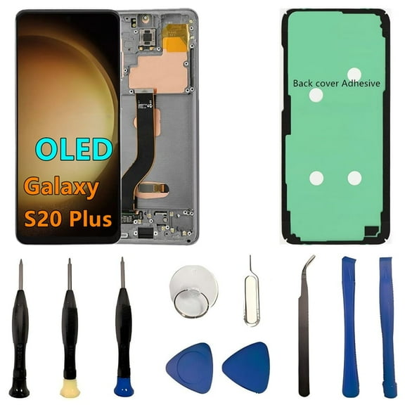 OLED Galaxy S20 Plus LCD Screen Replacement for Samsung Galaxy S20 Plus 5G Display Touch Screen Digitizer Assembly SM-G986U SM-G986U1 Support Fingerprint. (with Grey Frame+Back Cover Adhesive+Tools)