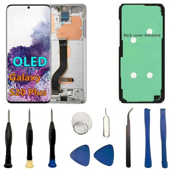 OLED Galaxy S20 Plus LCD Screen Replacement for Samsung Galaxy S20 Plus 5G Display Touch Screen Digitizer Assembly SM-G986U SM-G986U1 Support Fingerprint. (with White Frame+Back Cover Adhesive+Tools)