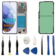 OLED Galaxy S21 LCD Screen Replacement for Samsung Galaxy S21 5G Display Touch Screen Digitizer Assembly SM-G991U SM-G991U1 Support Fingerprint. with White Frame+Back Cover Adhesive+Tools