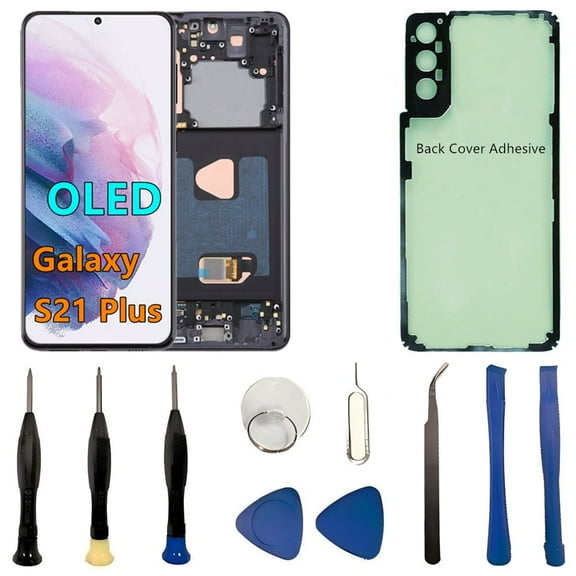 OLED Galaxy S21 Plus LCD Screen Replacement for Samsung Galaxy S21 Plus 5G Display Touch Screen Digitizer Assembly SM-G996U SM-G996U1 Support Fingerprint. (with Black Frame+Back Cover Adhesive+Tools)
