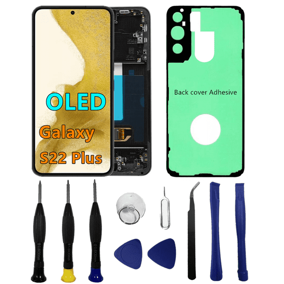 OLED Galaxy S22 Plus LCD Screen Replacement for Samsung Galaxy S22 Plus 5G Display Touch Screen Digitizer Assembly SM-S906U SM-S906U1 Support Fingerprint. (with Black Frame+Back Cover Adhesive+Tools)