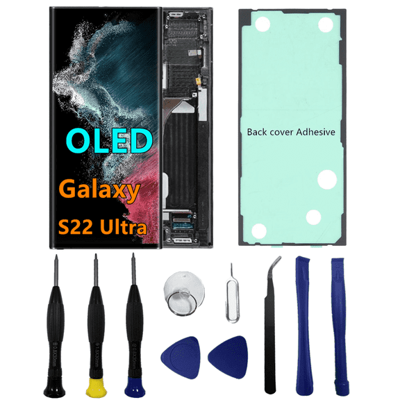 OLED Galaxy S22 Ultra LCD Screen Replacement for Samsung Galaxy S22Ultra 5G Display Touch Screen Digitizer SM-S908U SM-S908U1 Support Fingerprint S-Pen (with Black Frame+Back Cover Adhesive+Tools)