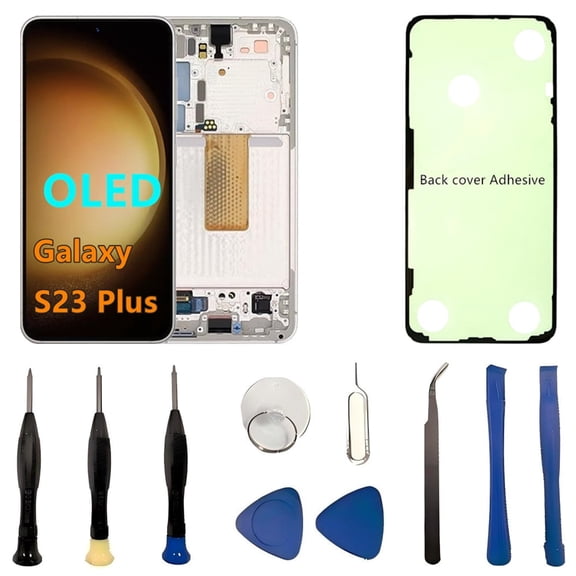 OLED Galaxy S23 Plus LCD Screen Replacement for Samsung Galaxy S23Plus 5G Display Touch Screen Digitizer SM-S916U SM-S916U1 Support Fingerprint (with White Frame+Back Cover Adhesive+Tools)