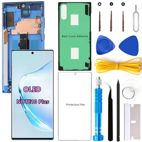 OLED Screen Replacement for Samsung Galaxy NOTE10 Plus 5G for Samsung NOTE10PLUS SM-N975U SM-N976U LCD Display Digitizer Touch Assembly Support Fingerprint S-Pen (Blue Frame+Protector+Adhesive+Tools)