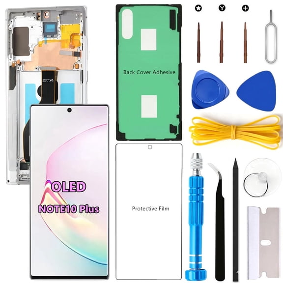 OLED Screen Replacement for Samsung Galaxy NOTE10 Plus 5G for Samsung NOTE10PLUS SM-N975U SM-N976U LCD Display Digitizer Touch Assembly Support Fingerprint S-Pen (White Frame+Protector+Adhesive+Tools