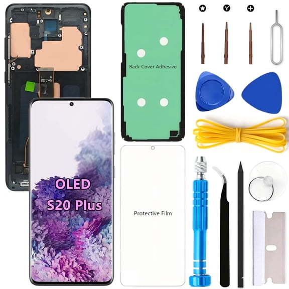 OLED Screen Replacement for Samsung Galaxy S20 Plus 5G for Samsung S20Plus SM-G986U SM-G986U1 LCD Display Digitizer Touch Assembly Support Fingerprint (Black Frame+Protector+Adhesive+Tools)