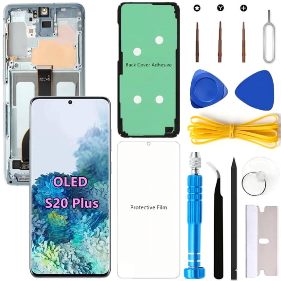 OLED Screen Replacement for Samsung Galaxy S20 Plus 5G for Samsung S20Plus SM-G986U SM-G986U1 LCD Display Digitizer Touch Assembly Support Fingerprint (Blue Frame+Protector+Adhesive+Tools)