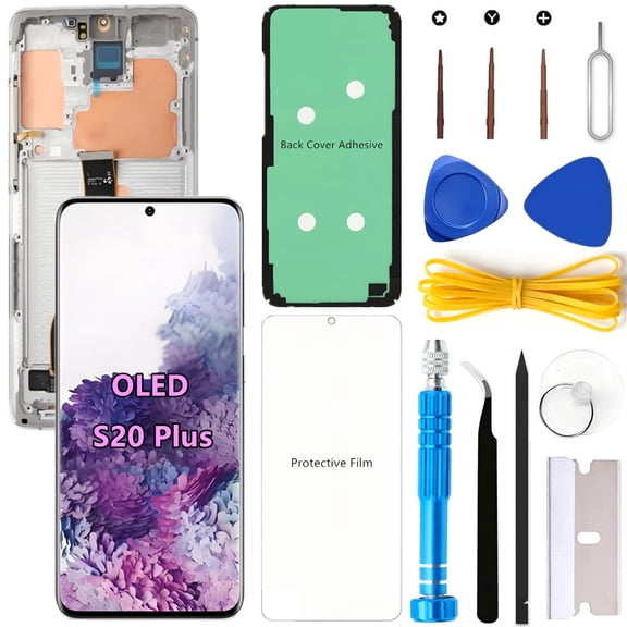 OLED Screen Replacement for Samsung Galaxy S20 Plus 5G for Samsung S20Plus SM-G986U SM-G986U1 LCD Display Digitizer Touch Assembly Support Fingerprint (White Frame+Protector+Adhesive+Tools)