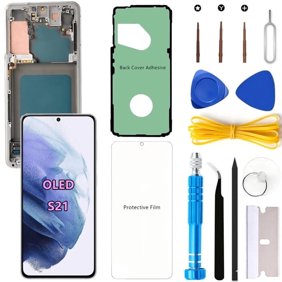 OLED Screen Replacement for Samsung Galaxy S21 5G for Samsung S21 SM-G991U SM-G991U1 LCD Display Digitizer Touch Assembly Support Fingerprint (White Frame+Protector+Adhesive+Tools)