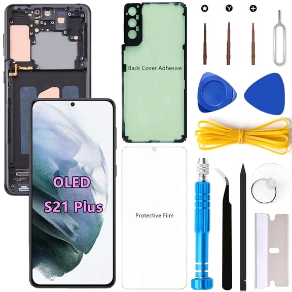 OLED Screen Replacement for Samsung Galaxy S21 Plus 5G for Samsung S21Plus SM-G996U SM-G996U1 LCD Display Digitizer Touch Assembly Support Fingerprint (Black Frame Protector Adhesive Tools)