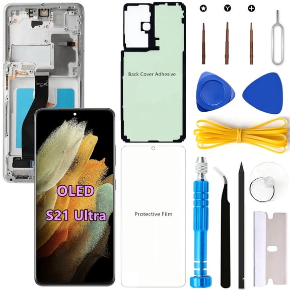 OLED Screen Replacement for Samsung Galaxy S21 Ultra 5G for Samsung S21Ultra SM-G998U SM-G998U1 LCD Display Digitizer Touch Assembly Support Fingerprint (Silver Frame+Protector+Adhesive+Tools)
