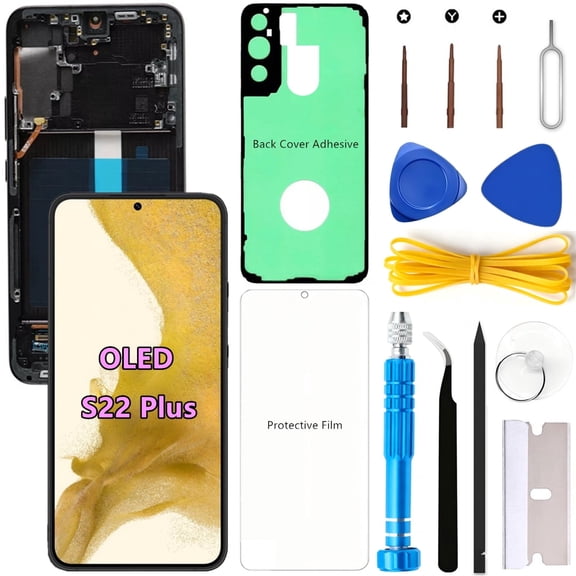 OLED Screen Replacement for Samsung Galaxy S22 Plus 5G for Samsung S22Plus SM-S906U SM-S906U1 LCD Display Digitizer Touch Assembly Support Fingerprint (Black Frame Protector Adhesive Tools)