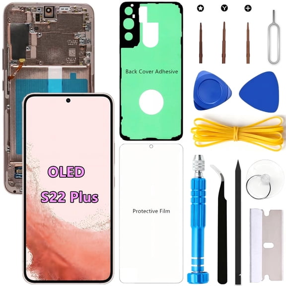 OLED Screen Replacement for Samsung Galaxy S22 Plus 5G for Samsung S22Plus SM-S906U SM-S906U1 LCD Display Digitizer Touch Assembly Support Fingerprint (Gold Frame+Protector+Adhesive+Tools)