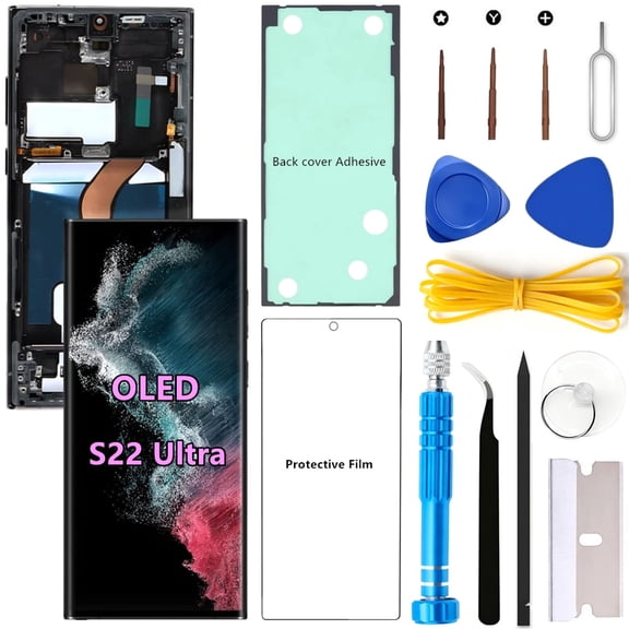 OLED Screen Replacement for Samsung Galaxy S22 Ultra 5G for Samsung S22Ultra SM-S908U SM-S908U1 LCD Display Digitizer Touch Assembly Support Fingerprint S-Pen (Black Frame+Protector+Adhesive+Tools)