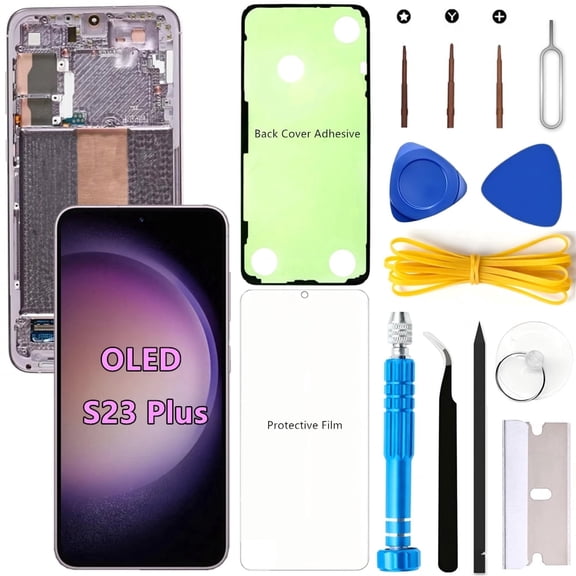 OLED Screen Replacement for Samsung Galaxy S23 Plus 5G for Samsung S23Plus SM-S916U SM-S916U1 LCD Display Digitizer Touch Assembly Support Fingerprint (Purple Frame+Protector+Adhesive+Tools)