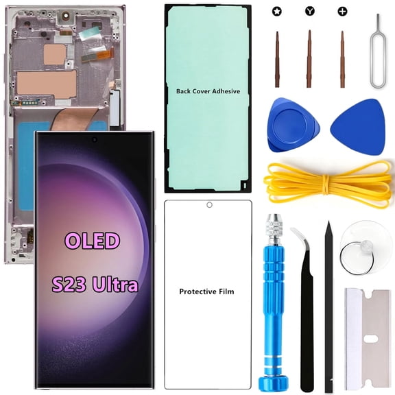 OLED Screen Replacement for Samsung Galaxy S23 Ultra 5G for Samsung S23Ultra SM-S918U SM-S918U1 LCD Display Digitizer Touch Assembly Support Fingerprint S-Pen (Purple Frame+Protector+Adhesive+Tools)