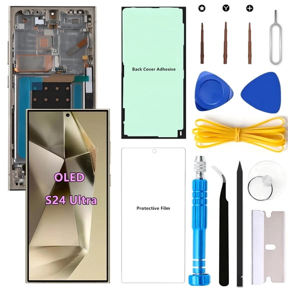 OLED Screen Replacement for Samsung Galaxy S24 Ultra 5G for Samsung S24Ultra SM-S928U SM-S928U1 LCD Display Digitizer Touch Assembly Support Fingerprint S-Pen (Gold Frame+Protector+Adhesive+Tools)