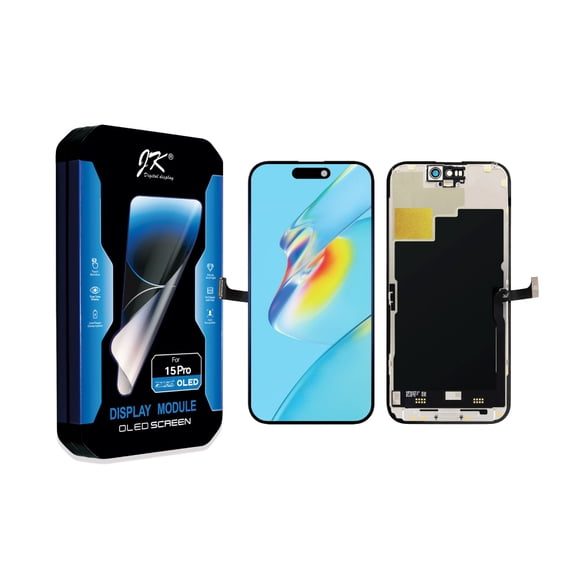 OLED screen replacement kit (non-LCD) for iPhone 15 Pro, 6.1-inch Full HD Retina display, with Face ID touchscreen digitizer frame assembly.