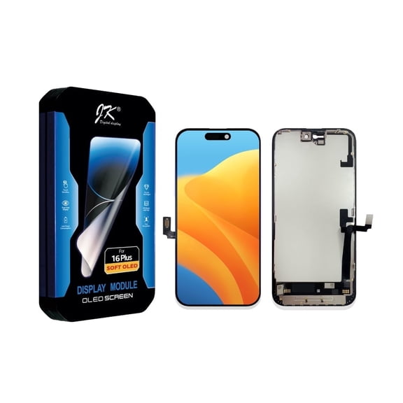 Soft OLED screen replacement kit (non-LCD) for iPhone 16 Plus, 6.7-inch Full HD Retina display, with Face ID touchscreen digitizer frame assembly.