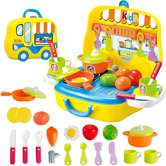 OLEOCA Toddler Kitchen Playset — 25 Piece Portable Pretend Kitchen Set with Toy Food, Utensils, Pots & Cups, Easy Storage Cooking Gift for Girls & Boys Ages 3+