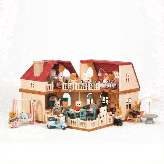 OLEOCA Family Grand Doll House — Light-Up 2-Story Cozy Cabin with Furniture & Bunny Figure, Complete Dollhouse Playset for Creative Pretend Play, Gift for Kids Ages 3+