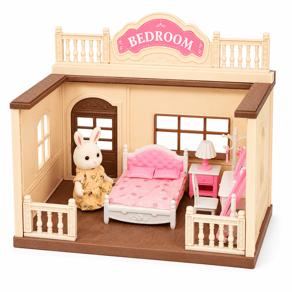 OLEOCA Family Bedroom Doll House — Cozy Cabin with Bunny Figure, Bed, Vanity & Accessories, Complete Modular Dollhouse Playset for Creative Pretend Play Ages 3+