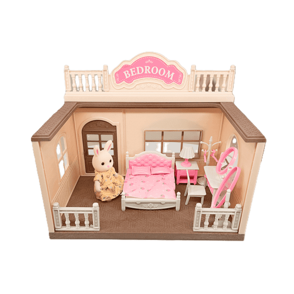 OLEOCA Family Bedroom Doll House — Cozy Cabin with Bunny Figure, Bed, Vanity & Accessories, Complete Modular Dollhouse Playset for Creative Pretend Play Ages 3+