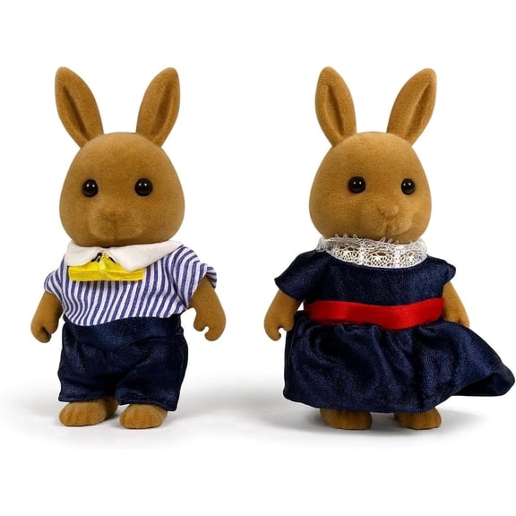 OLEOCA Family Brown Rabbit Figures — Set of 2 Collectible Flocked Mini Dolls with Removable Clothes, Miniature Dollhouse Pretend Play Figures for Kids Ages 3+