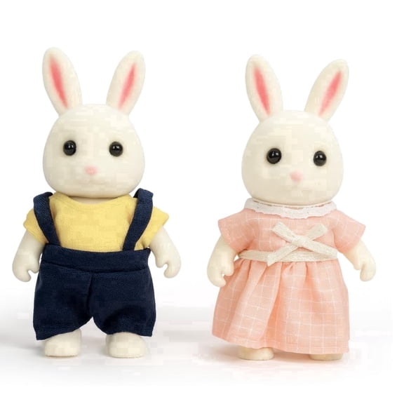 OLEOCA Family Cream Rabbit Figures — Set of 2 Collectible Flocked Mini Dolls with Removable Clothes, Miniature Dollhouse Pretend Play Figures for Kids Ages 3+