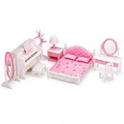 OLEOCA Family Deluxe Dollhouse Bedroom Set — Bed with Pillows & Bedspread, Piano & Bench, Vanity, Nightstand, Floor Mirror, Chair, Lamp & Coat Stand — Dollhouse
