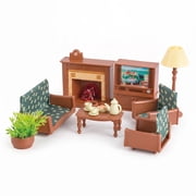OLEOCA Family Deluxe Dollhouse Living Room Set — Sofa & Two Armchairs, Coffee Table, TV Stand, Fireplace, Floor Lamp, Plant & Tea Set — Dollhouse Furniture & Ac