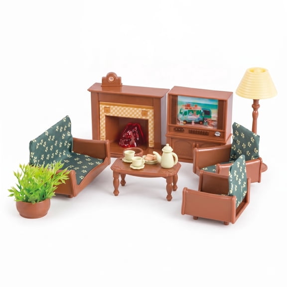 OLEOCA Family Deluxe Dollhouse Living Room Set — Sofa & Two Armchairs, Coffee Table, TV Stand, Fireplace, Floor Lamp, Plant & Tea Set — Dollhouse Furniture & Accessories for Ages 3+