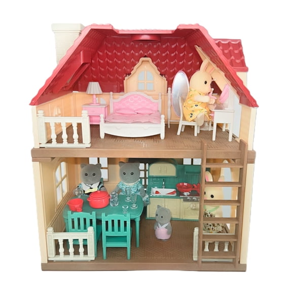 OLEOCA Family Cottage Doll House — 2-Story Country Cottage with Dining Set & Bunny Figure, Complete Dollhouse Playset for Creative Pretend Play, Gift for Kids Ages 3+