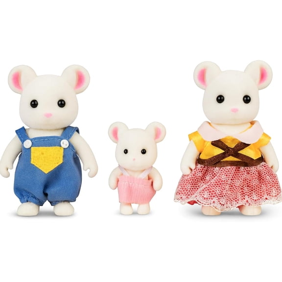 OLEOCA Family White Mouse Figures — Set of 3 Collectible Flocked Mini Dolls with Removable Clothes, Miniature Dollhouse Pretend Play Figures for Kids Ages 3+