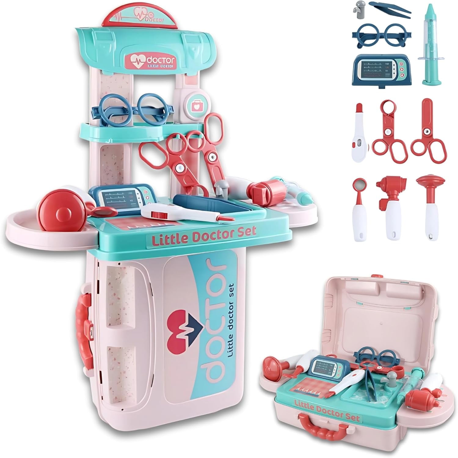 OLEOCA Kids Doctor Set 3 in 1 Portable Suitcase & Medical Table Playset, Pretend Play Kit with Doctor Tools, Storage & Travel Gift for Toddlers Ages 3+