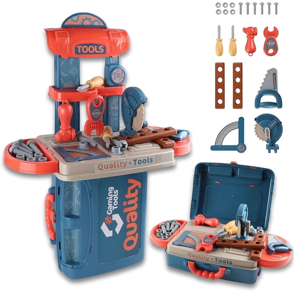 OLEOCA Kids Tool Set 3 in 1 Portable Workbench and Suitcase Playset