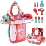 OLEOCA Kids Vanity Set   3 in 1 Suitcase, Table & Vanity Mirror Playset with Pretend Makeup, Accessories for Role Play, Travel & Gifts for Girls Ages 3+