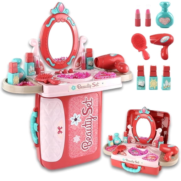 OLEOCA Kids Vanity Set — 3 in 1 Suitcase, Table & Vanity Mirror Playset with Pretend Makeup, Accessories for Role Play, Travel & Gifts for Girls Ages 3