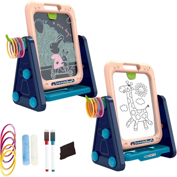 OLEOCA Toddler Easel 4 in 1 Double Sided Art Easel for Kids with Magnetic Whiteboard, Chalk Board, Adjustable Drawing Angle & Ring Toss Game Creative Learning Toy for Ages 3+